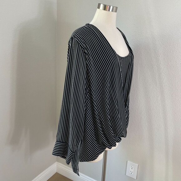Tahari Woman Plus 2X Black White Striped Drape Front Blouse Long Sleeve Shirt - Picture 2 of 9